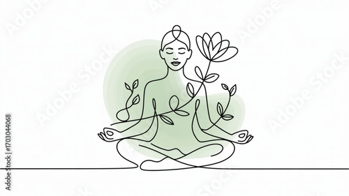 Woman meditating yoga pose with flower and leaves line art for wellness and relaxation design concept