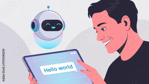 Chatbot interaction with human on tablet device for ai assistance and digital communication concept design
