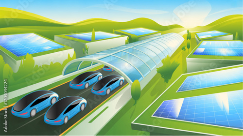 Electric autonomous vehicles future city with solar panels and green energy transportation design concept