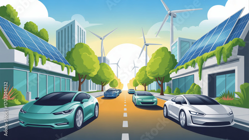 Electric vehicles driving on road in eco friendly city with solar panels and wind turbines illustration