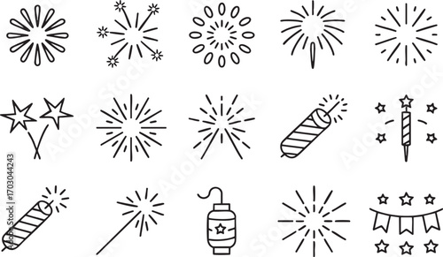 Assortment of Hand- Drawn Firework and Sparkler Icons in Black Outline celebration party