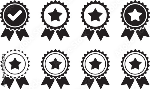 Black and White Starburst Award Ribbons and Seals Keywords: award, ribbon, seal, star, badge, rosette, checkmark, victory, success, recognition