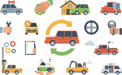 Car service and repair icons with vehicles, tools, and car wash elements Keywords: car, service, repair, icon, vehicle, automobile, wrench, dollar