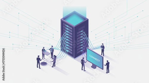 Isometric server room data center network infrastructure and team connect for cloud computing solution