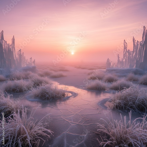 Winter Sunrise Landscape with Frozen Plants and Ice Formations