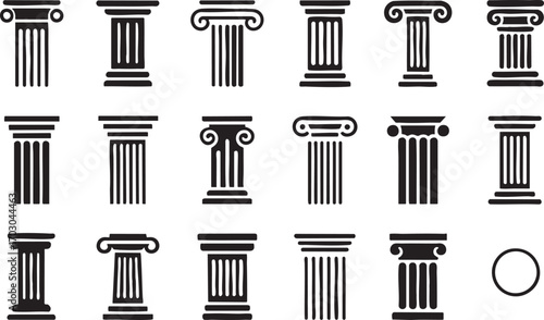 Collection of Ancient Greek and Roman Column Icons in Black Silhouette pillar