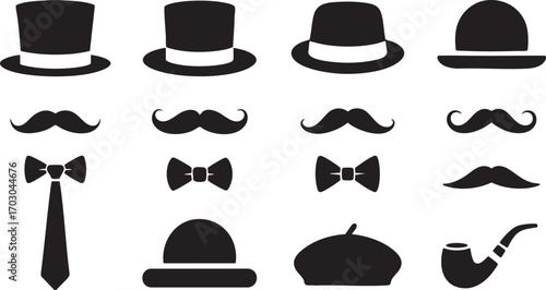 Collection of black silhouette icons featuring classic gentleman accessories like hats mustaches bow ties and a pipe Keywords: hat, top hat, bowler