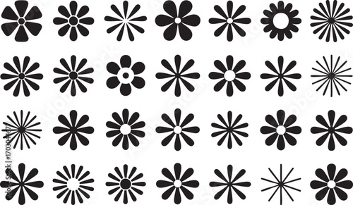 Collection of Black Silhouette Flower Icons with Various Petal Designs Keywords: flower, icon, silhouette, black, white background, simple, design