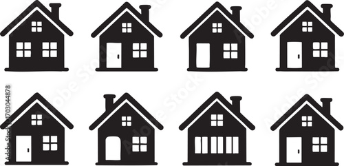 Collection of eight black and white simple house icons with varying door and window designs home building