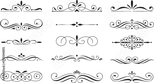 Collection of elegant black decorative flourishes and dividers on white background Keywords: flourish, divider, ornament, decorative, elegant, vintage