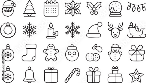 Collection of festive Christmas and holiday themed line art icons Keywords: Christmas, holiday, icons, line art, set, Santa Claus, Christmas tree