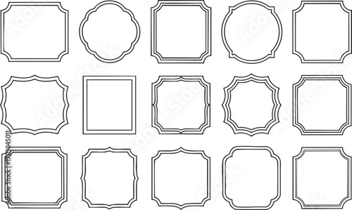 Collection of fifteen decorative black and white ornamental frame outlines in various shapes border