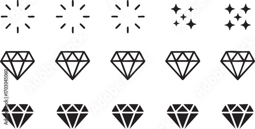 Collection of Five Diamond Icons and Five Sparkle Burst Icons Keywords: diamond, gem, jewel, crystal, precious stone, sparkle, star, burst, shine