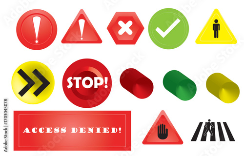 Print Warning signs, caution, danger, stop, access denied, road signs, safety symbols, hazard, alert, exclamation mark, pedestrian crossing, vector icons