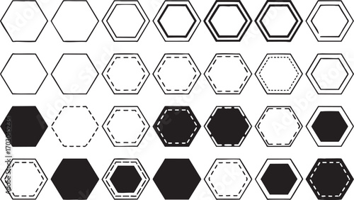 Collection of Hexagon Shapes in Various Styles and Fill Patterns geometric outline