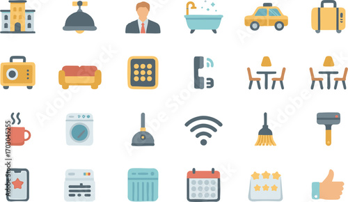 Collection of hotel and travel related flat design icons Keywords: hotel, travel, icon, building, lamp, man, suit, tie, bathtub, car, taxi, luggage