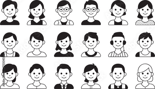 Diverse Set of Simple Black and White Cartoon Avatars for Profiles icon person