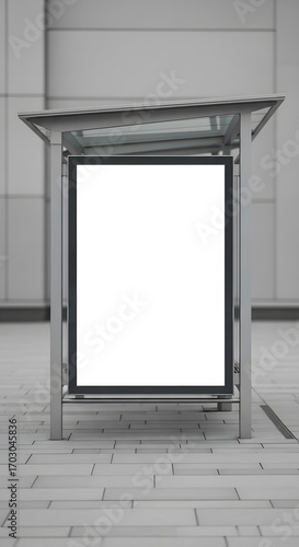 Blank vertical billboard at a modern bus stop for advertising mockup. Empty white poster in a city shelter with a clean, urban background for commercial display