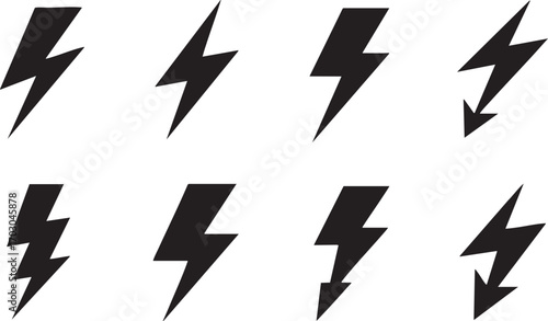 Eight black lightning bolt symbols and icons on a white background Keywords: lightning bolt, electricity, power, energy, symbol, icon, graphic, design