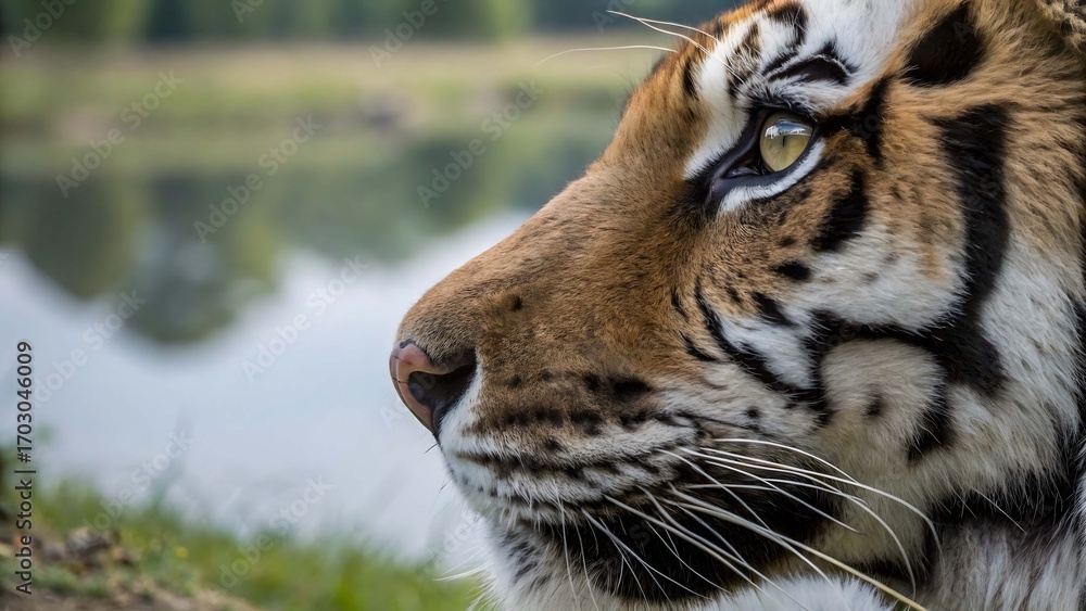 Fototapeta premium Extreme close up of a tiger's face showing its eye and striped fur animal wildlife