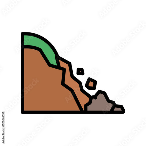 Landslide with grass releases rocks on ground isolated
