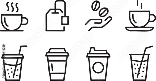 Icons of hot and cold beverages including coffee tea and takeaway cups drink