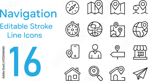 Navigation Line Icons Set With Compass Map Location And House Icons Keywords: navigation, icon, set, compass, map, location, pin, globe, phone, person