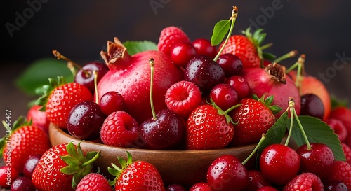 Red Berries and Pomegranate in Wooden Bowl.