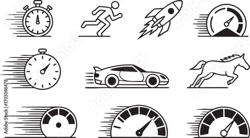 Nine Icons Representing Speed, Time, and Motion Keywords: speed, fast, motion, time, stopwatch, running, rocket, car, car speedometer, horse, race