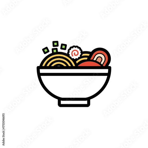 Ramen bowl displays noodles garnish in simple graphic