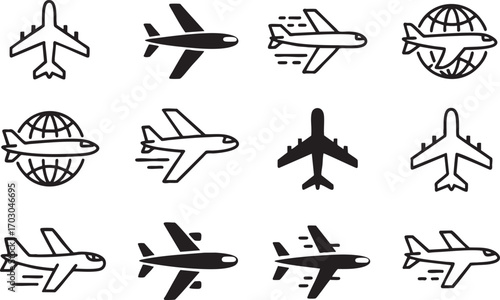 Set of Airplane Icons in Different Styles and Poses aircraft flight