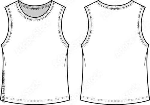Tank top cad drawing, sleeveless t-shirt flat template, fashion design sketch, apparel outline, clothing vector, garment illustration, casual wear