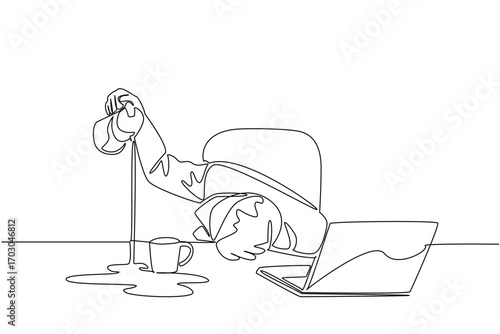 Single one line drawing businessman holding pitcher of coffee and pouring its contents into the side of the glass. Sleepy. Unable to focus. Weary. Tired. Continuous line design graphic illustration
