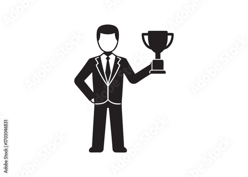 Triumphant Businessman Celebrating Success:  Bold Black Icon Graphic, Achievement, Victory.