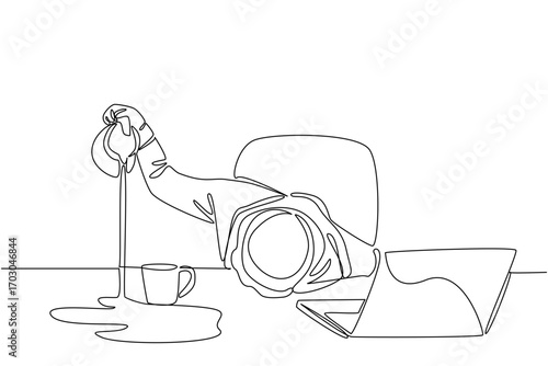 Continuous one line drawing Arabian businessman holds a pitcher of coffee and pours its contents into the side of the glass. Fatigue. Unfocused. Tired. Single line draw design vector illustration