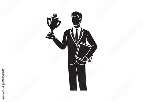 Triumphant Businessman Celebrating Success:  Bold Black Icon Graphic, Achievement, Victory.