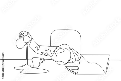 Single continuous line drawing Arab businesswoman holds pitcher of coffee and pours its contents into the side of glass. Tired to the point of drowsiness. Tired. One line design vector illustration