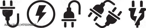 Set of Black Electric Plugs and Power Socket Icons with Lightning Bolt Symbol electricity