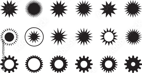 Set of black silhouette icons featuring starbursts and gears Keywords: starburst, star, gear, cogwheel, silhouette, icon, set, graphic, design, symbol