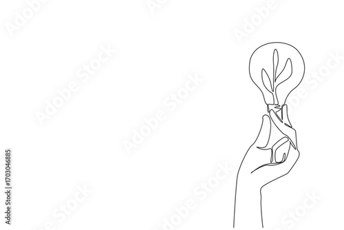 Single continuous line drawing hand holding bulb in the middle of which there is plant sprout. Symbol of a brilliant idea. Greening sustainability. Holding Bulb. One line design vector illustration
