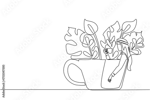Single one line drawing man wearing turban holding a cup while soaking and leaning on the cup. Take a moment to pamper itself. Leisure. Soaking Inside Cup. Continuous line design graphic illustration