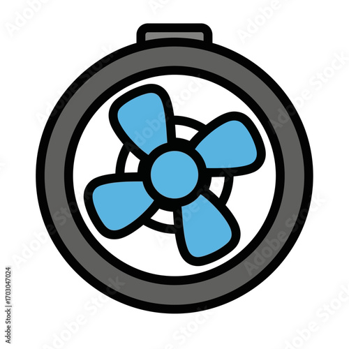 Blue fan rotates in round casing interior design