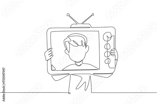 Single one line drawing a boy holding an old television made of cardboard.Channels are changed manually without a remote. The analog tv. Inside Television. Continuous line design graphic illustration