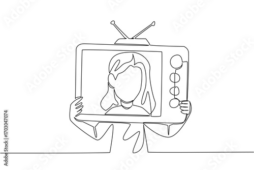 Single continuous line drawing a girl holding an old television made of cardboard. Playing the role of a child artist on old school television. Inside Television. One line design vector illustration