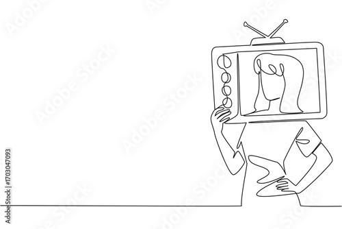 Continuous one line drawing a woman in casual clothes holding an old television made of cardboard. Look like a model on television. Inside Television. Single line draw design vector illustration