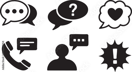 Set of Six Communication and Social Media Icons with Speech Bubbles Keywords: speech bubble, chat, message, communication, conversation, question