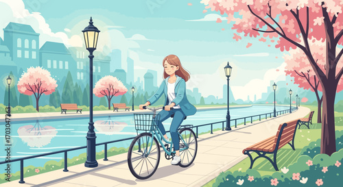 A serene bike ride through a vibrant spring park with cherry blossoms in full bloom cartoon style