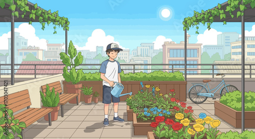 A young man watering flowers on a rooftop garden with a cityscape backdrop serene illustration