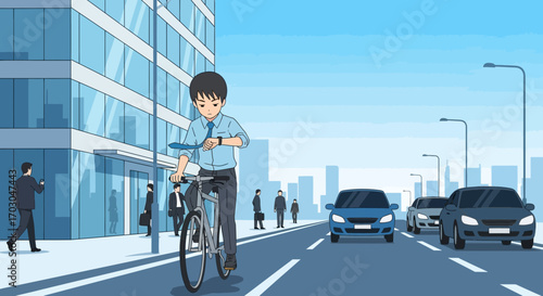 Animated illustration of a businessman on a bicycle checking his watch in the city