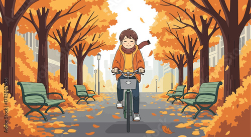 Animated image displaying a boy riding bicycle through autumn park filled with fallen leaves on